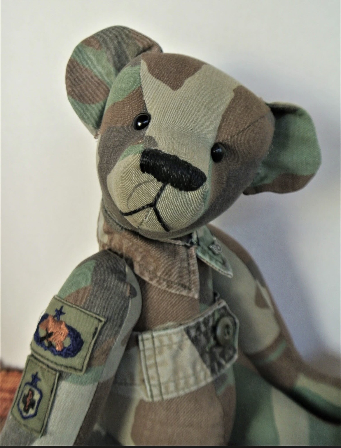 Handmade camouflage military bear with service patches