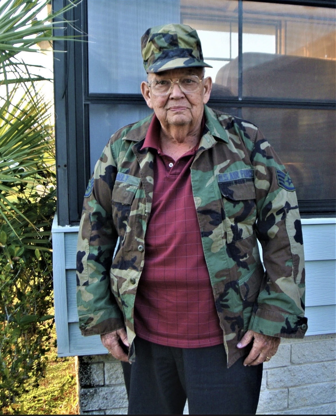 Jay wearing his daughter's Air Force uniform